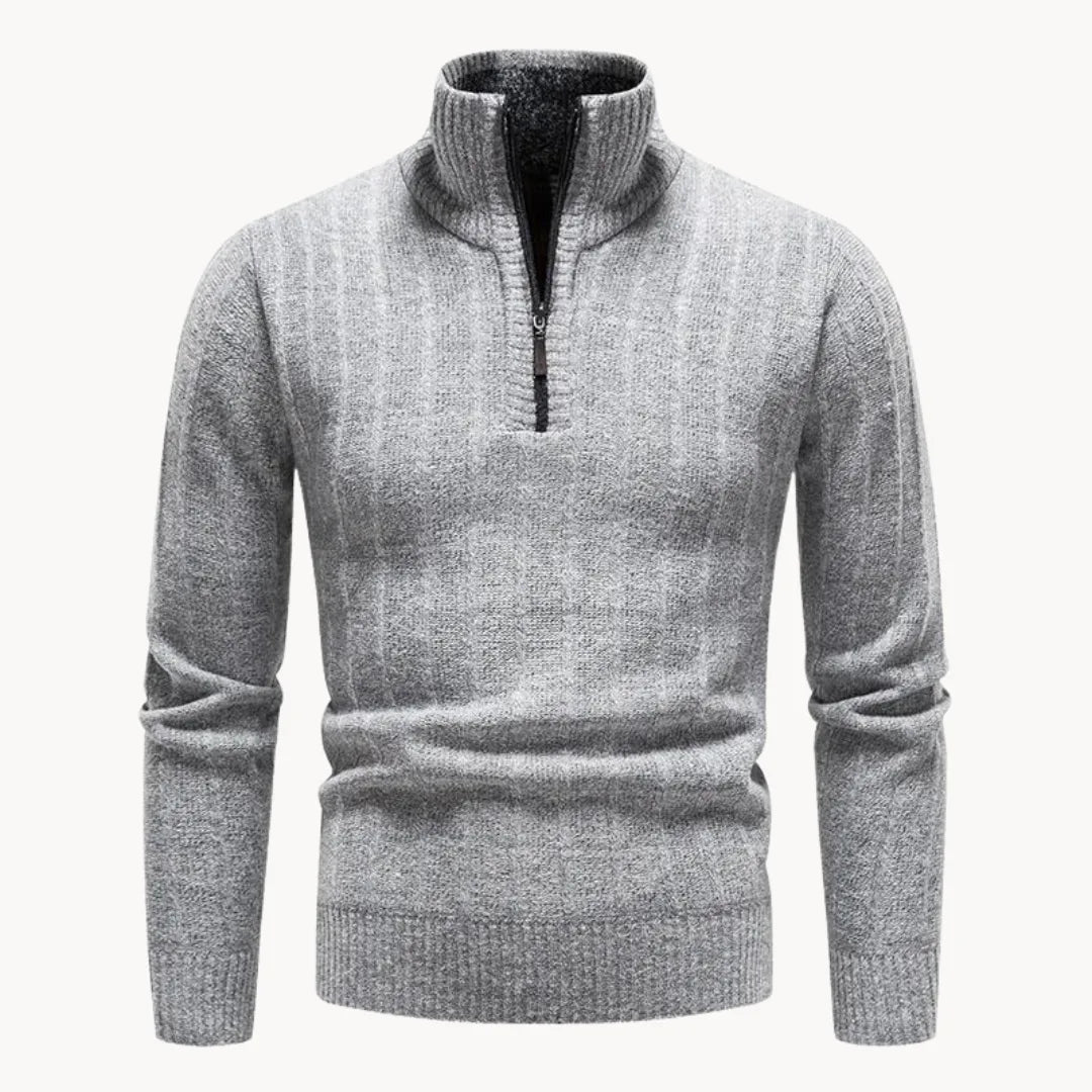 Men's Ribbed Knit Quarter-Zip Jumper with Stand Collar – Light Grey