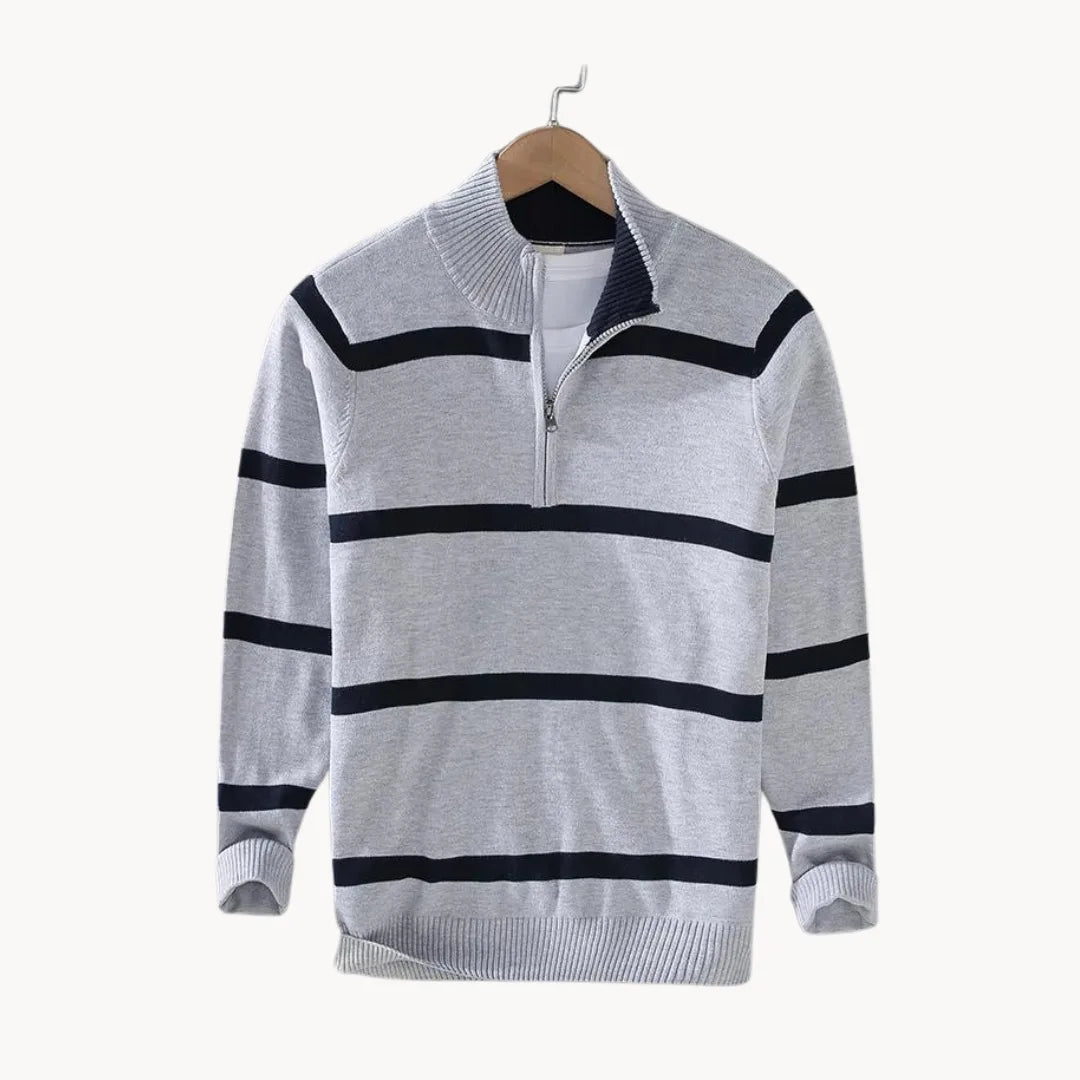 Men's Striped Quarter-Zip Jumper with Stand Collar – Light Grey