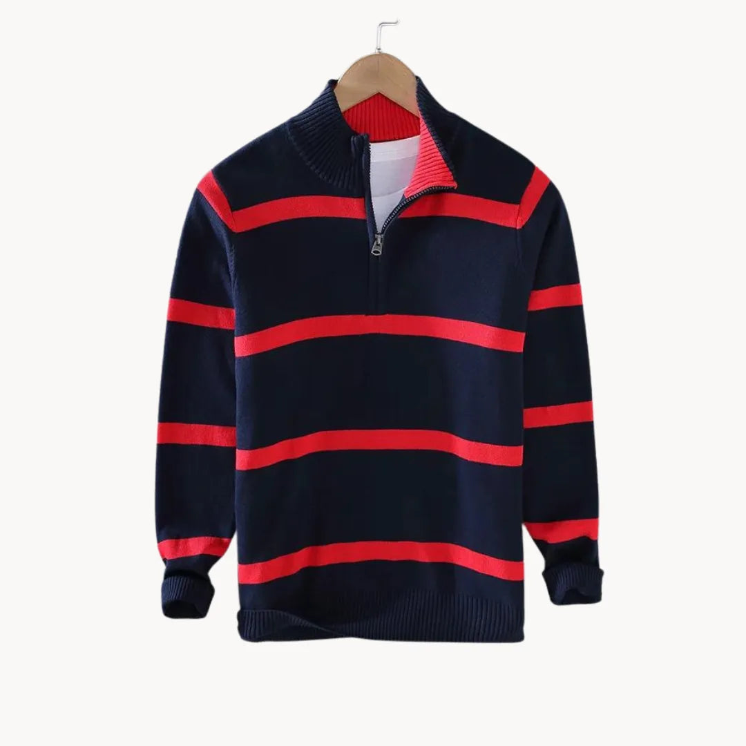 Men's Striped Quarter-Zip Jumper with Stand Collar – Red