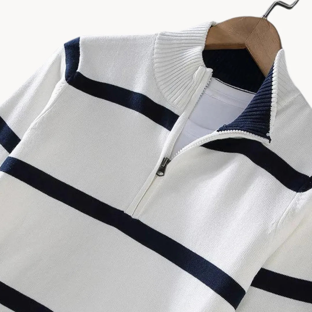Men's Striped Quarter-Zip Jumper with Stand Collar