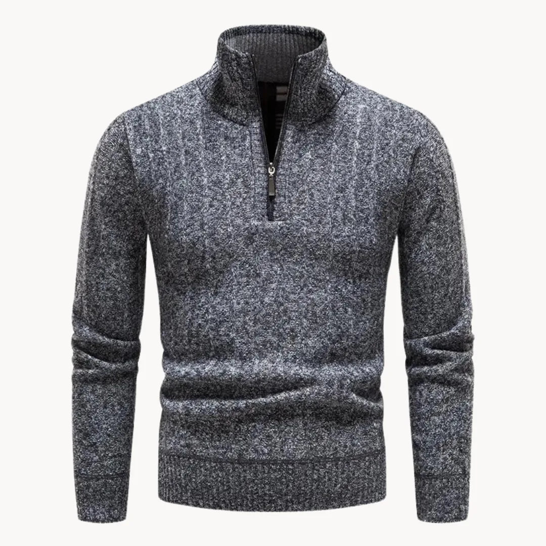 Men's Ribbed Knit Quarter-Zip Jumper with Stand Collar – Grey