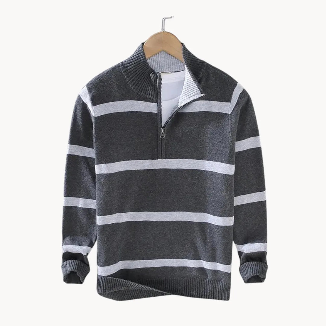 Men's Striped Quarter-Zip Jumper with Stand Collar – Dark Grey
