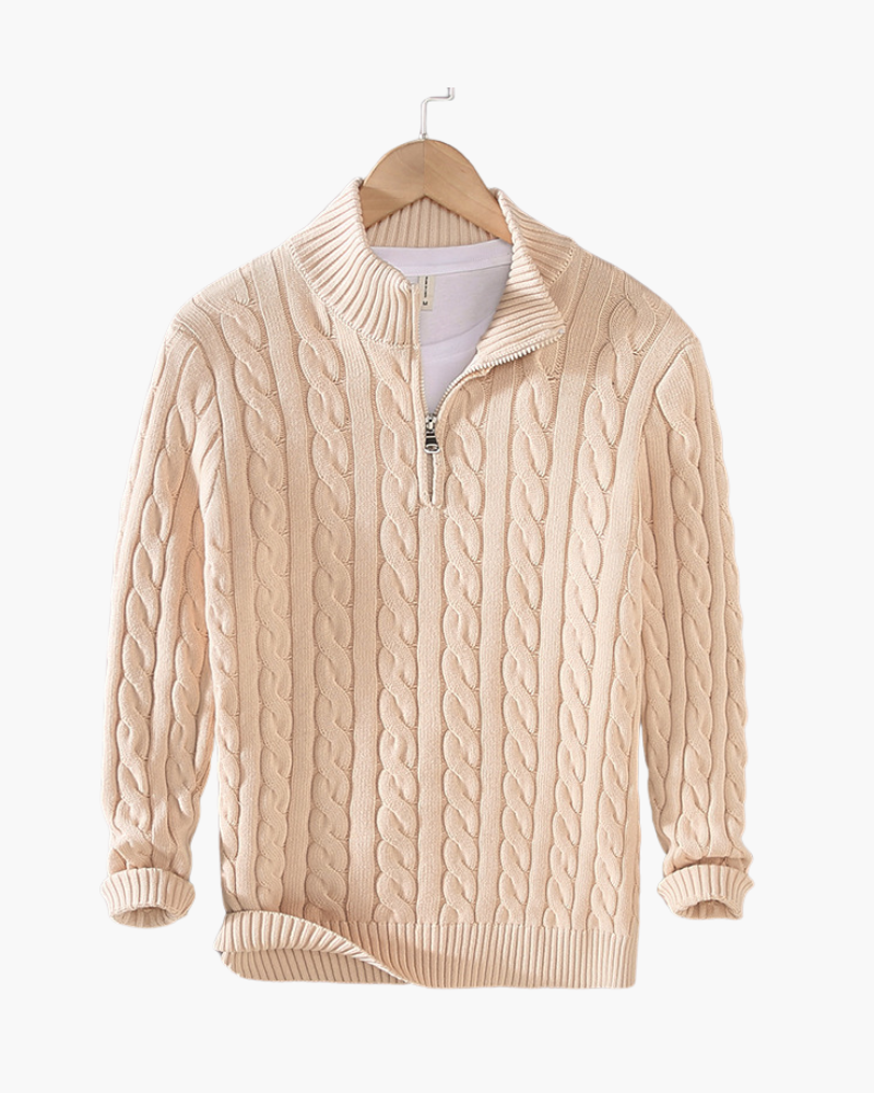 Men's Cable-Knit Half-Zip Jumper with Ribbed Trims – Cream