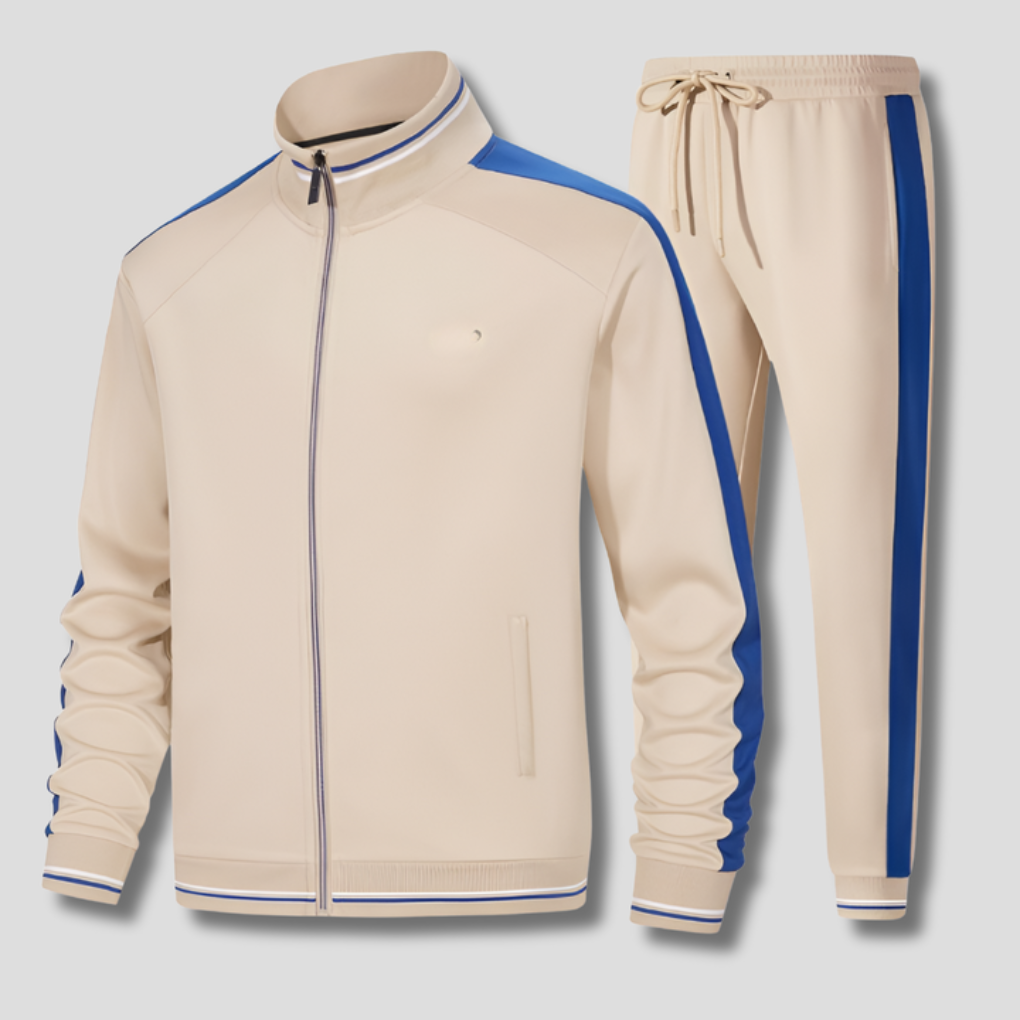 Men's Striped Zip Jacket and Joggers Tracksuit Set – Beige