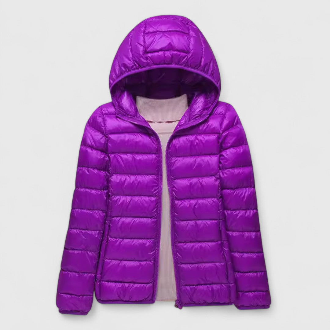 Women's Lightweight Quilted Jacket with Hood or Stand Collar – Purple Hood