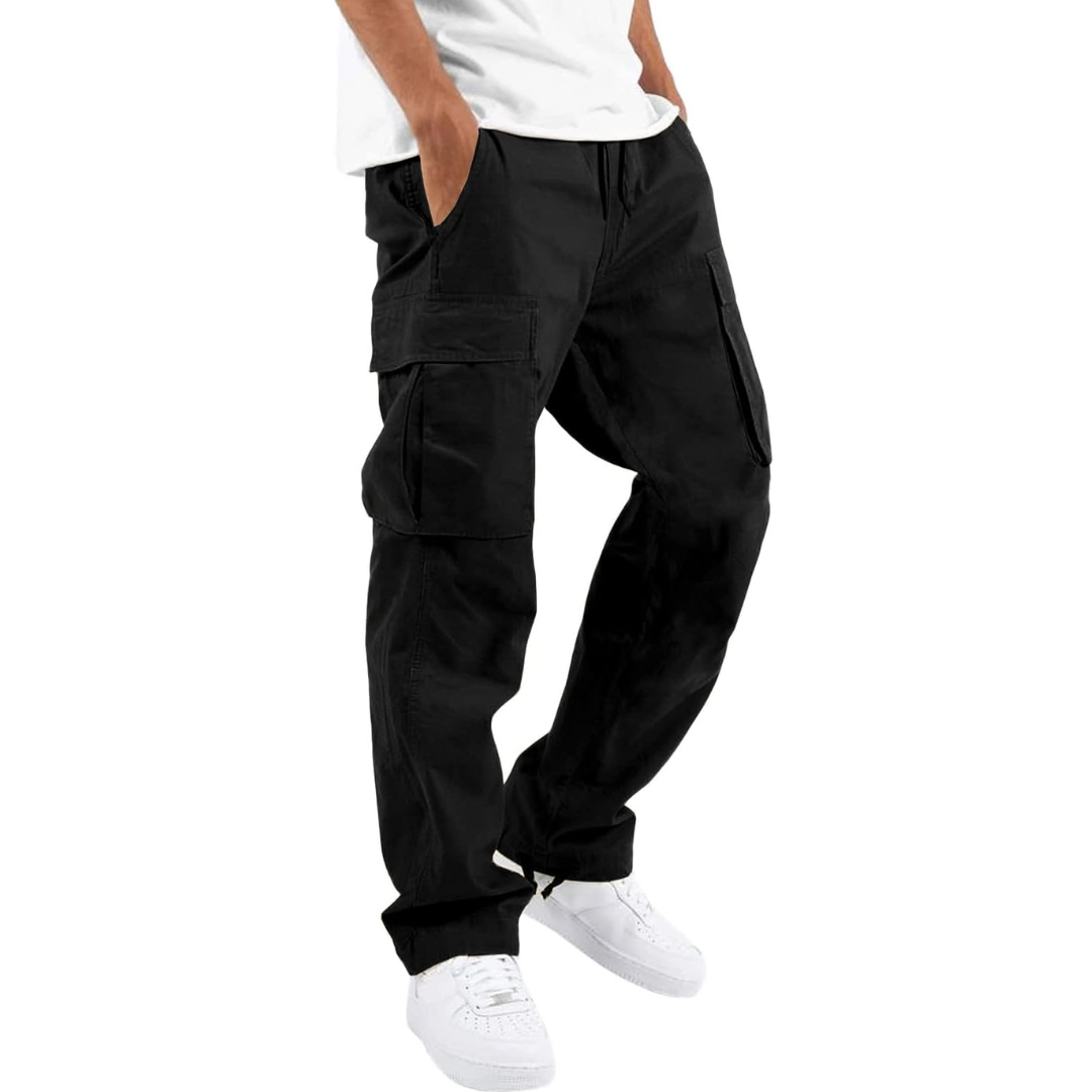 Men's Multi-Pocket Cargo Trousers with Adjustable Waist – Black