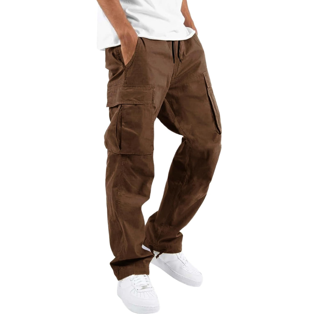 Men's Multi-Pocket Cargo Trousers with Adjustable Waist – Brown