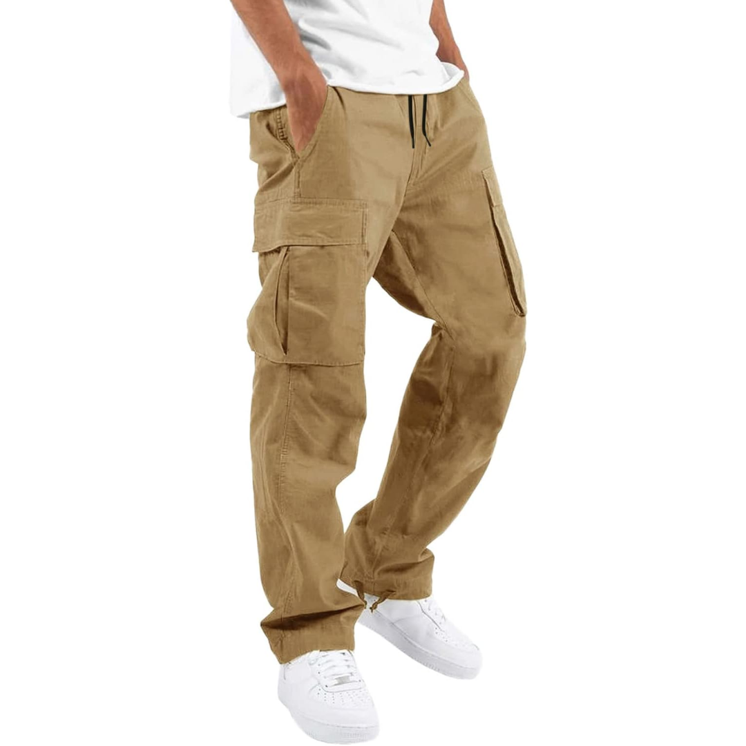 Men's Multi-Pocket Cargo Trousers with Adjustable Waist – Khaki