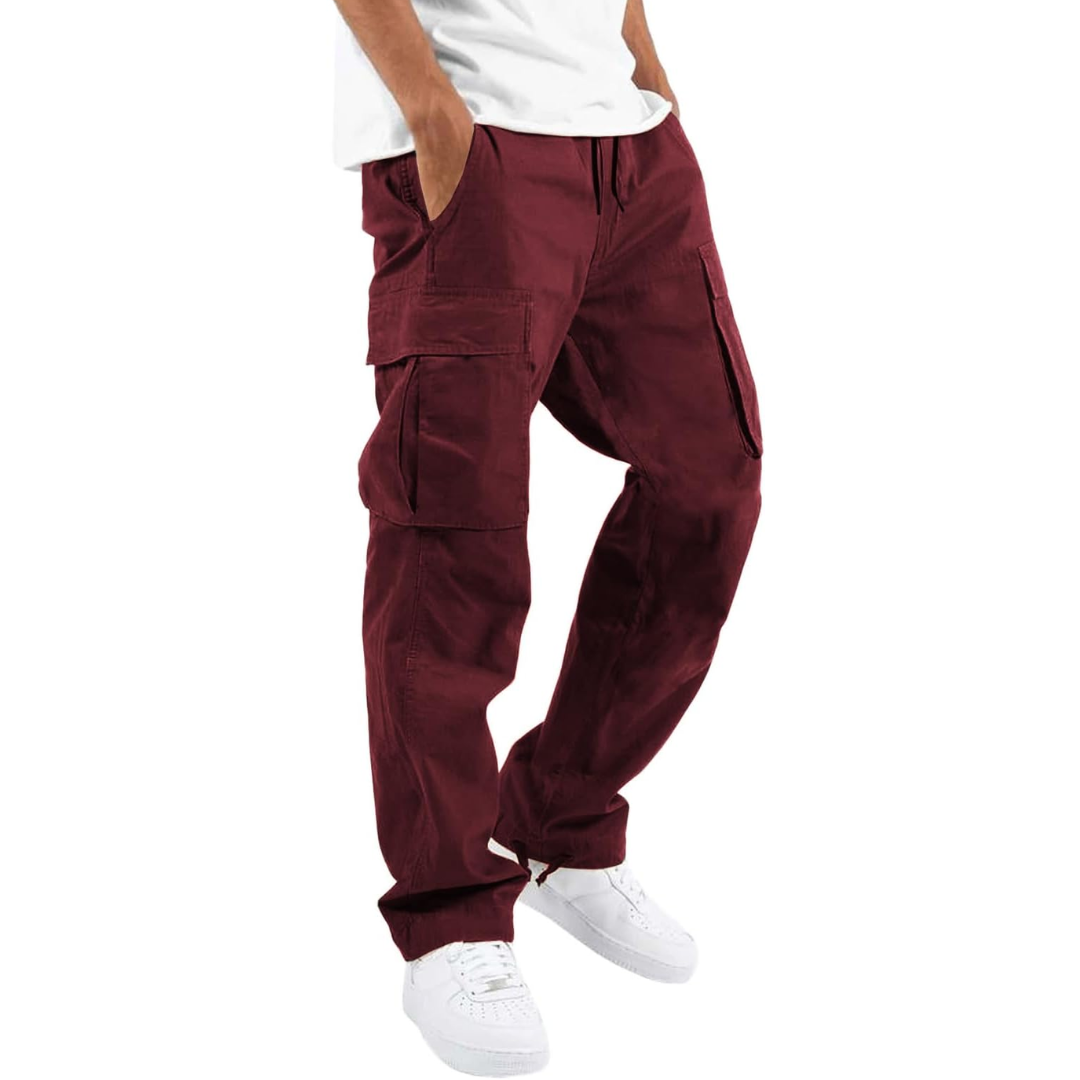 Men's Multi-Pocket Cargo Trousers with Adjustable Waist – Wine Red