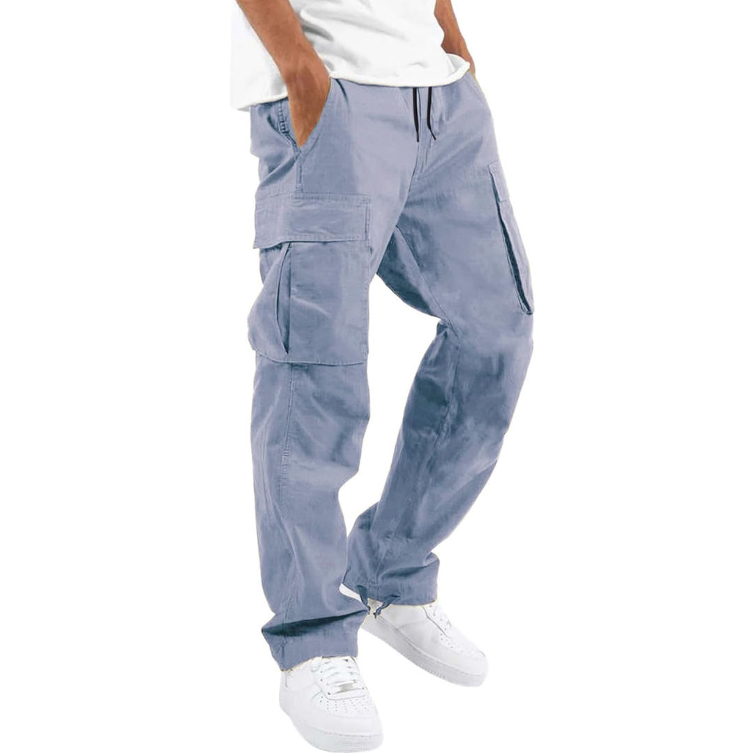 Men's Multi-Pocket Cargo Trousers with Adjustable Waist – Dusty Blue