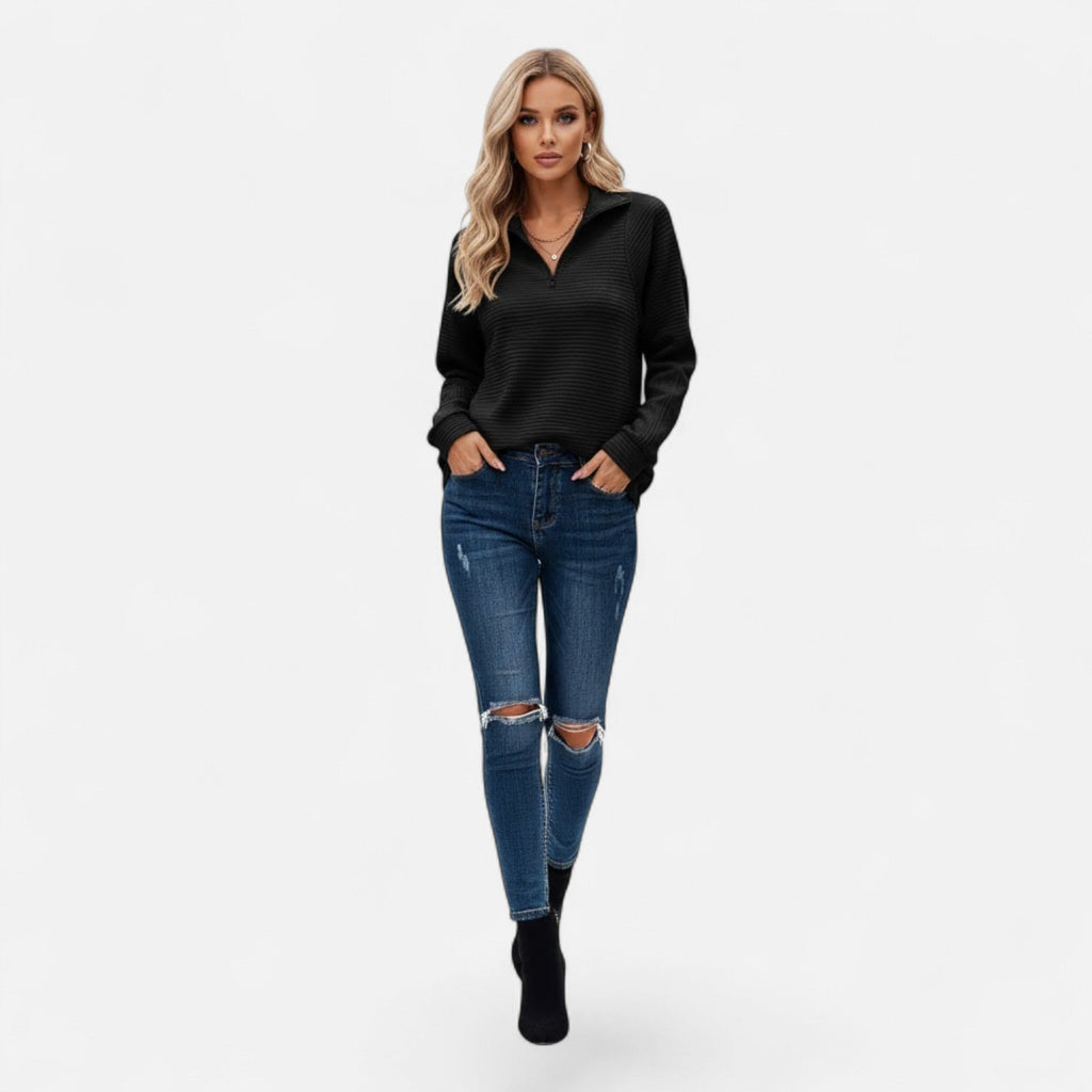 Women's Zip-Neck Knit Jumper with Stand Collar