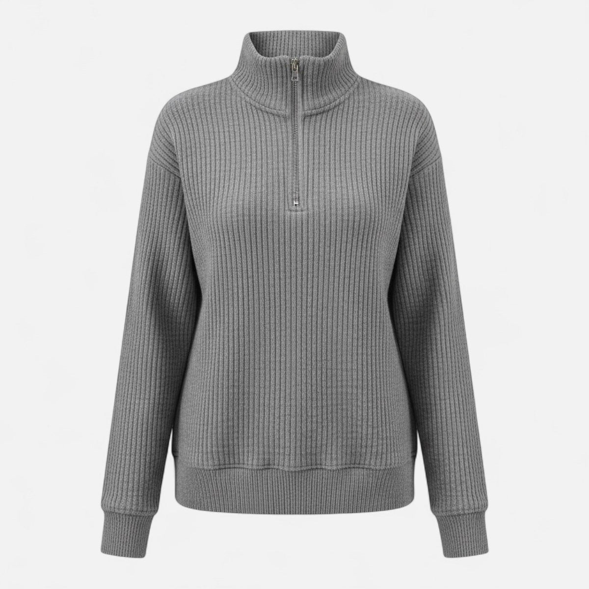 Women's Zip-Neck Knit Jumper with Stand Collar – Dark Grey