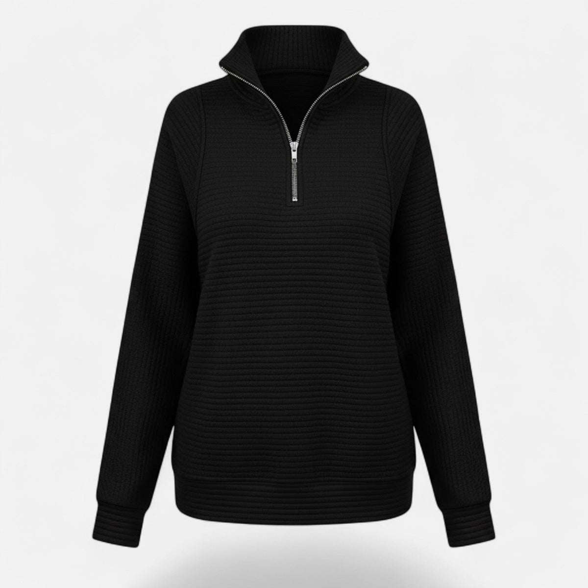 Women's Zip-Neck Knit Jumper with Stand Collar – Black