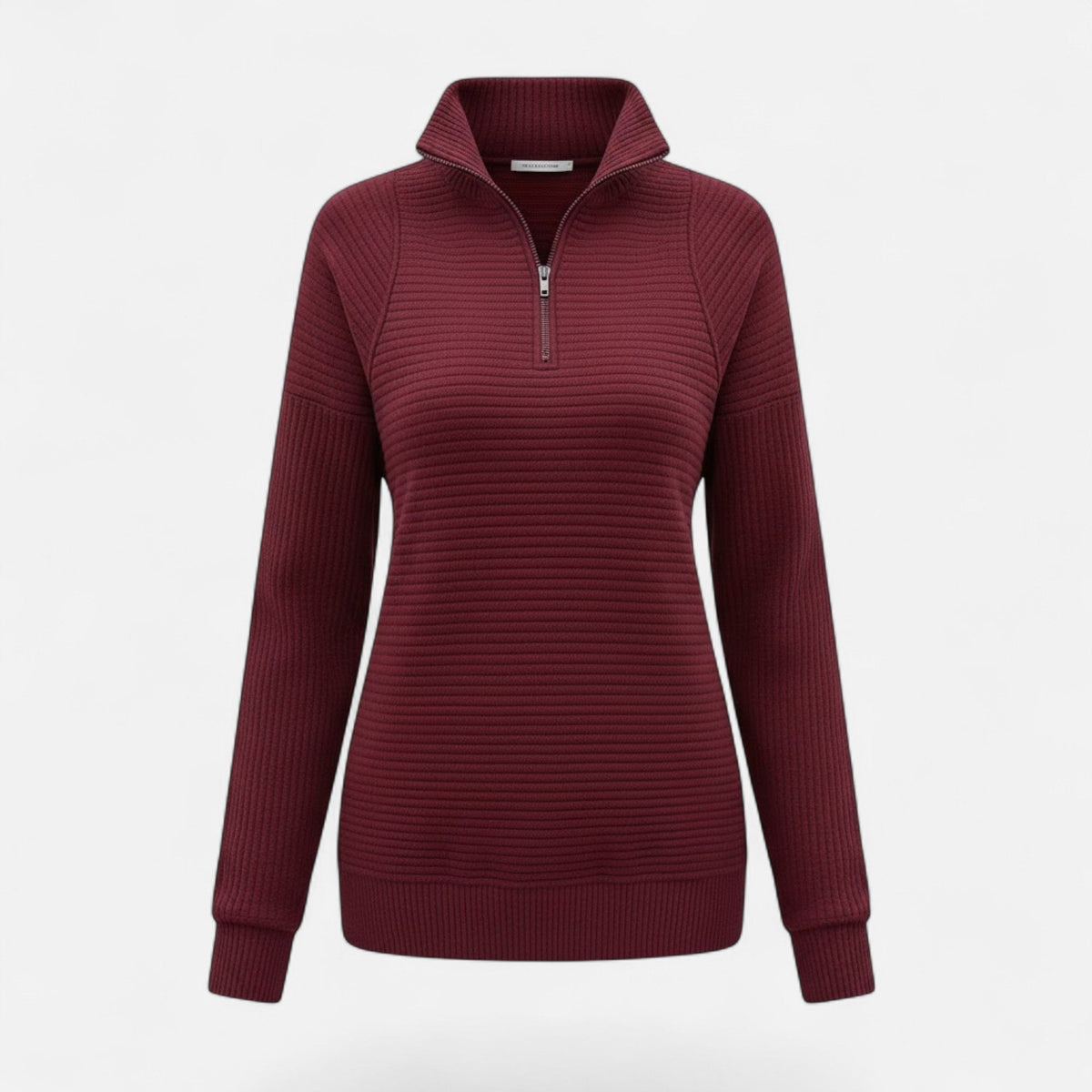 Women's Zip-Neck Knit Jumper with Stand Collar – Wine Red
