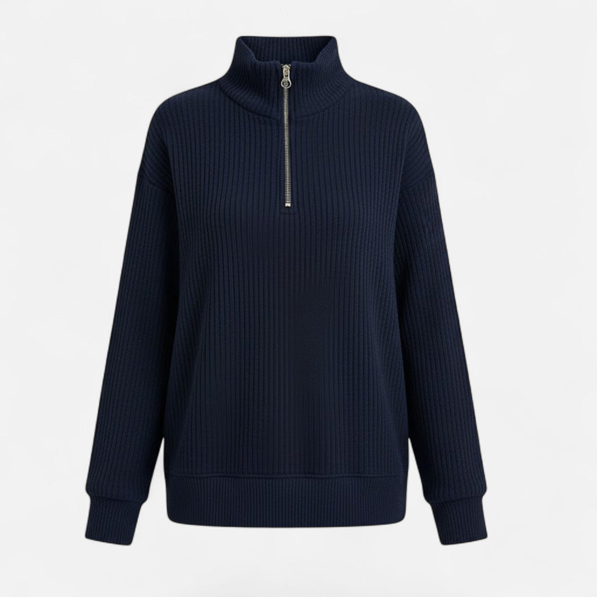 Women's Zip-Neck Knit Jumper with Stand Collar – Dark Blue