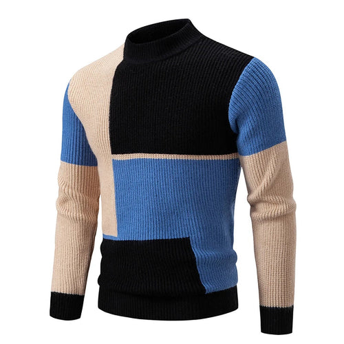Men's Geometric Panel Rib Knit High Neck Jumper – Black/Blue/Khaki