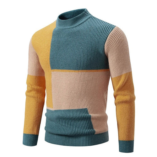 Men's Geometric Panel Rib Knit High Neck Jumper – Yellow/Green/Khaki