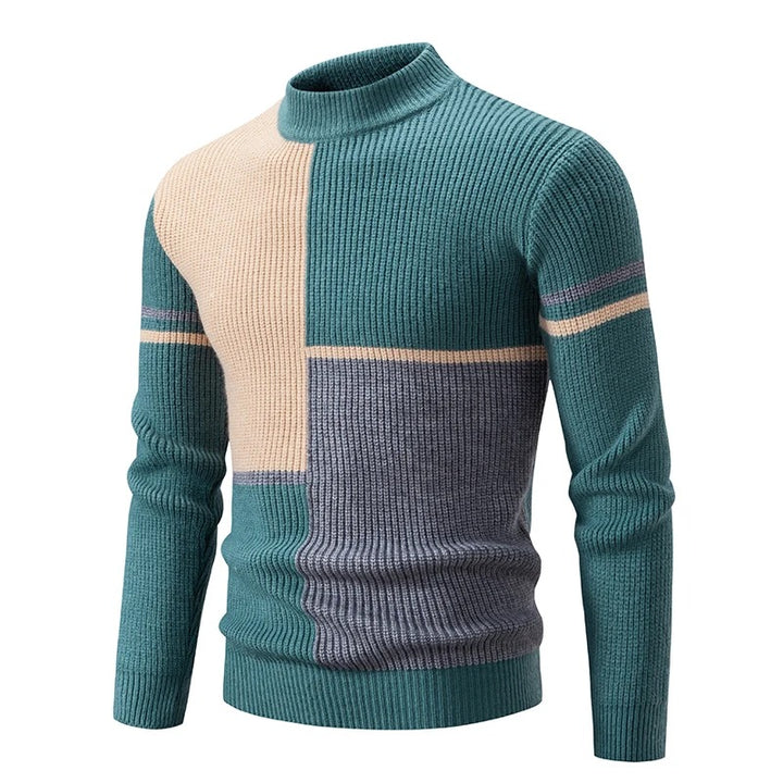 Men's Geometric Panel Rib Knit High Neck Jumper – Green/Grey/Khaki