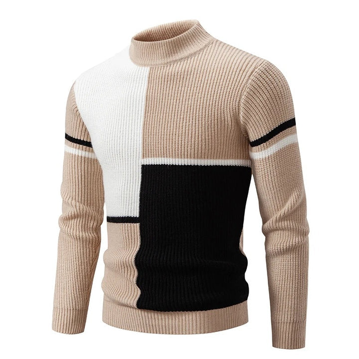 Men's Geometric Panel Rib Knit High Neck Jumper – Khaki/Black/White