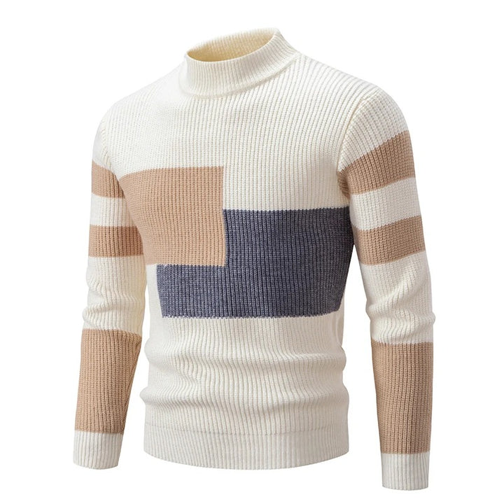 Men's Geometric Panel Rib Knit High Neck Jumper – White/Khaki/Grey