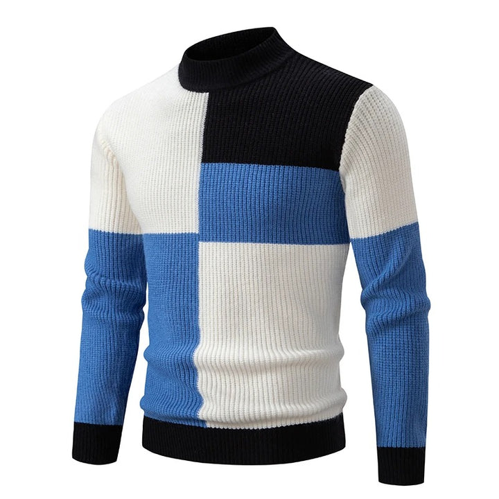 Men's Geometric Panel Rib Knit High Neck Jumper – Blue/Black/White
