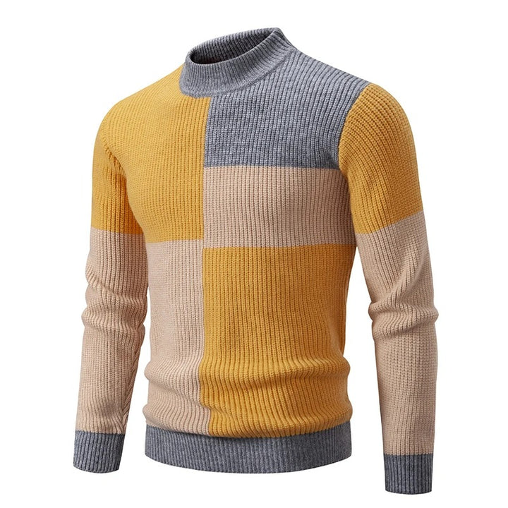 Men's Geometric Panel Rib Knit High Neck Jumper – Yellow/Grey/Khaki