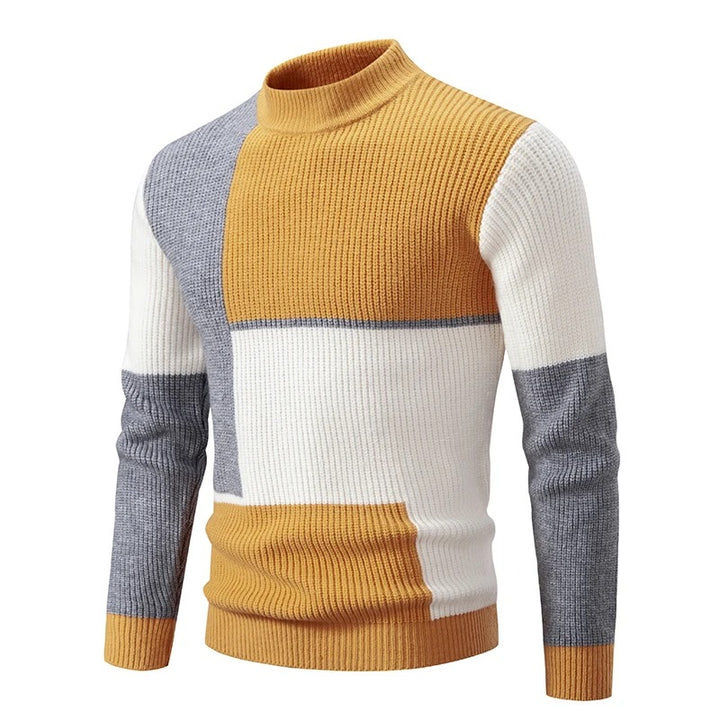 Men's Geometric Panel Rib Knit High Neck Jumper – Yellow/Grey/White