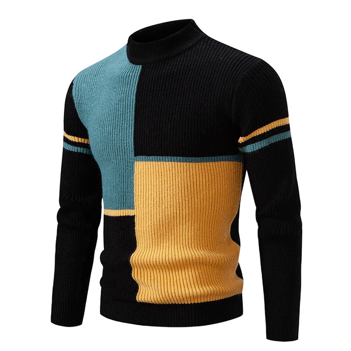 Men's Geometric Panel Rib Knit High Neck Jumper – Black/Green/Yellow