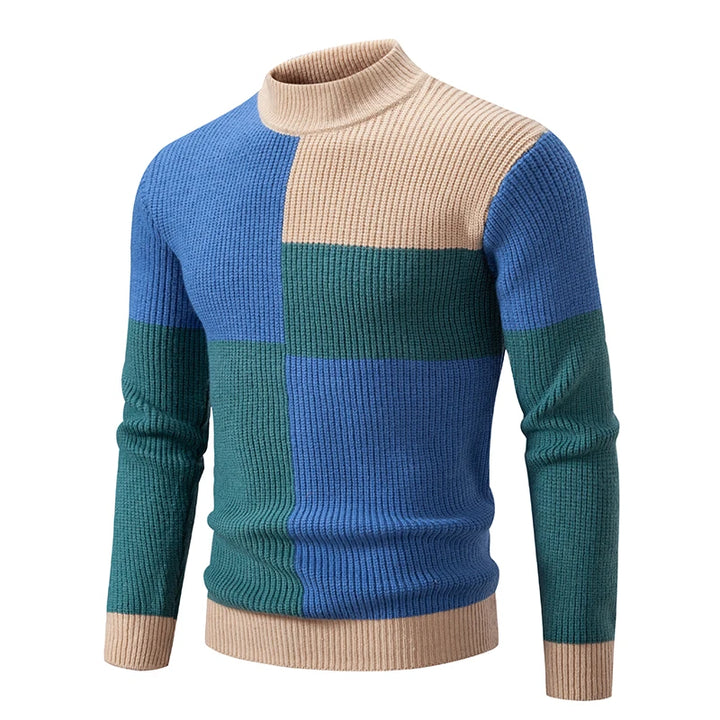 Men's Geometric Panel Rib Knit High Neck Jumper – Blue/Green