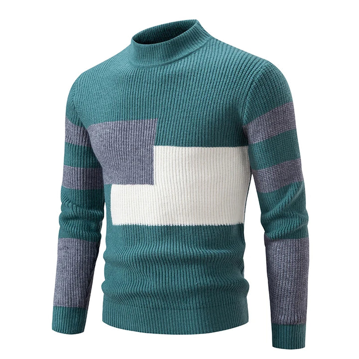 Men's Geometric Panel Rib Knit High Neck Jumper – Green/Grey