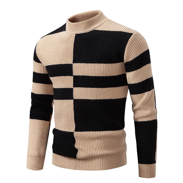Men's Geometric Panel Rib Knit High Neck Jumper – Khaki/Black