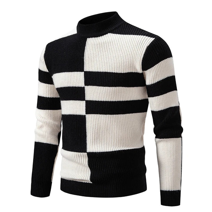 Men's Geometric Panel Rib Knit High Neck Jumper – Black/White