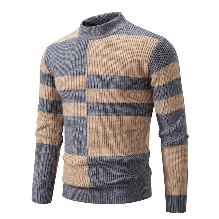 Men's Geometric Panel Rib Knit High Neck Jumper – Grey/Khaki
