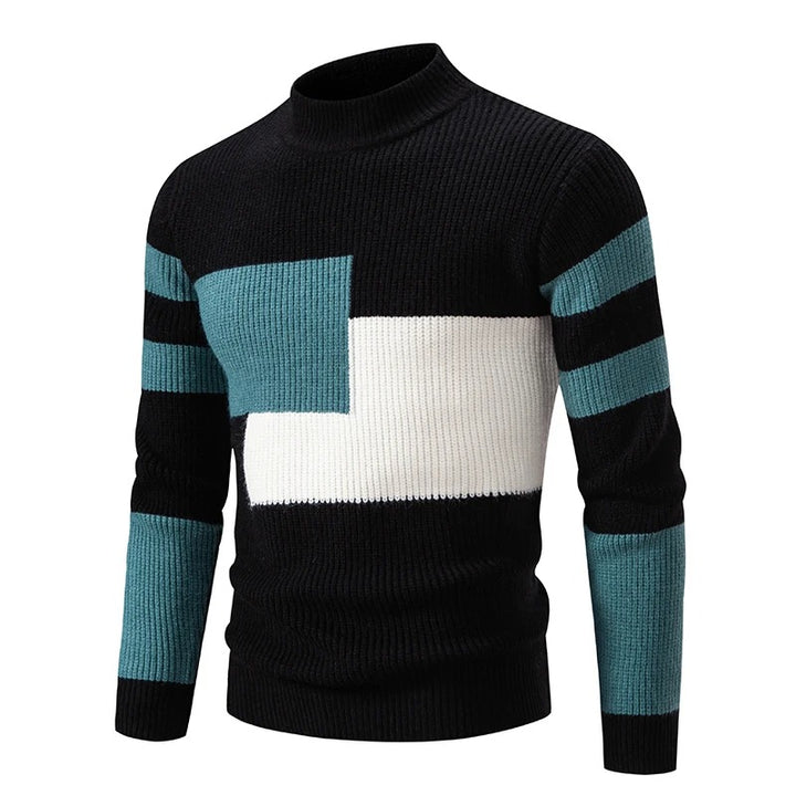 Men's Geometric Panel Rib Knit High Neck Jumper – Black/Green/White