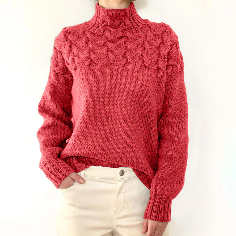 Women's Braided Yoke Roll-Neck Jumper with Ribbed Trims – Light Red