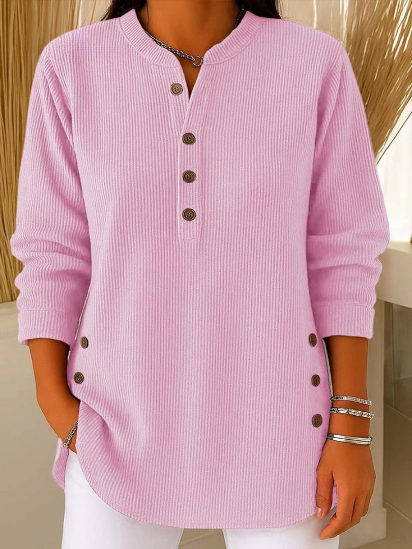 Women's Ribbed Henley Jumper with Buttoned Cuffs – Pink