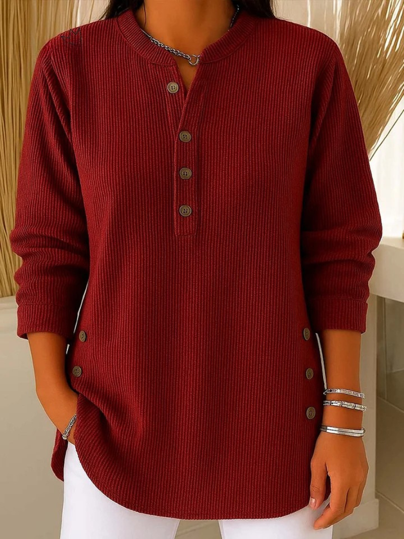 Women's Ribbed Henley Jumper with Buttoned Cuffs – Red