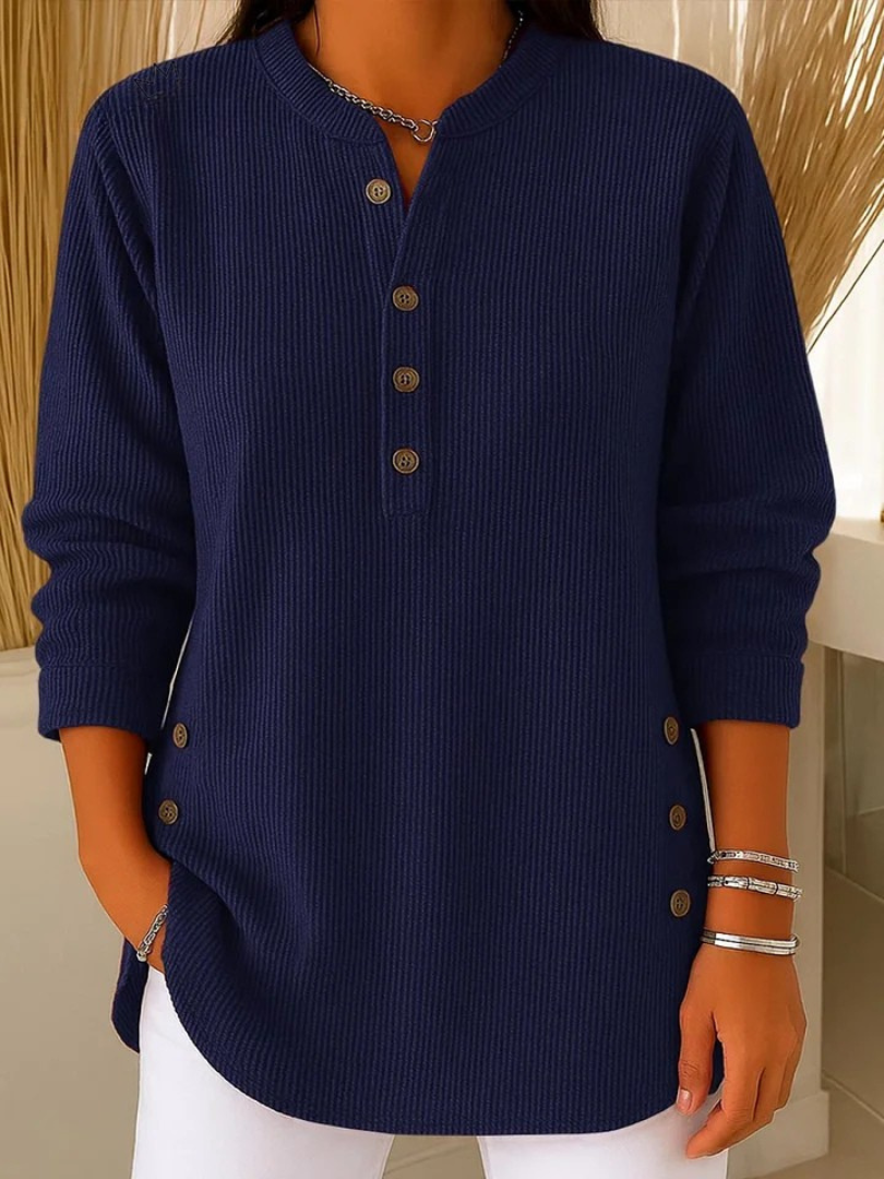 Women's Ribbed Henley Jumper with Buttoned Cuffs – Dark Blue