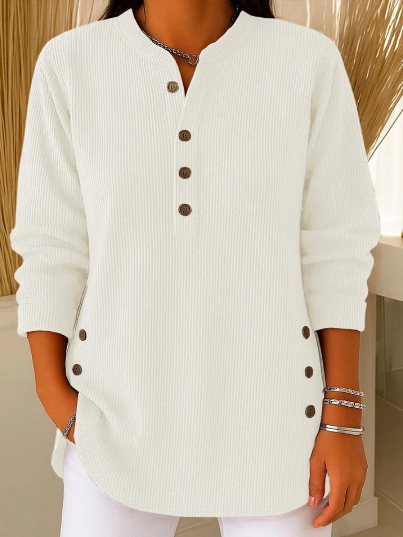Women's Ribbed Henley Jumper with Buttoned Cuffs – White