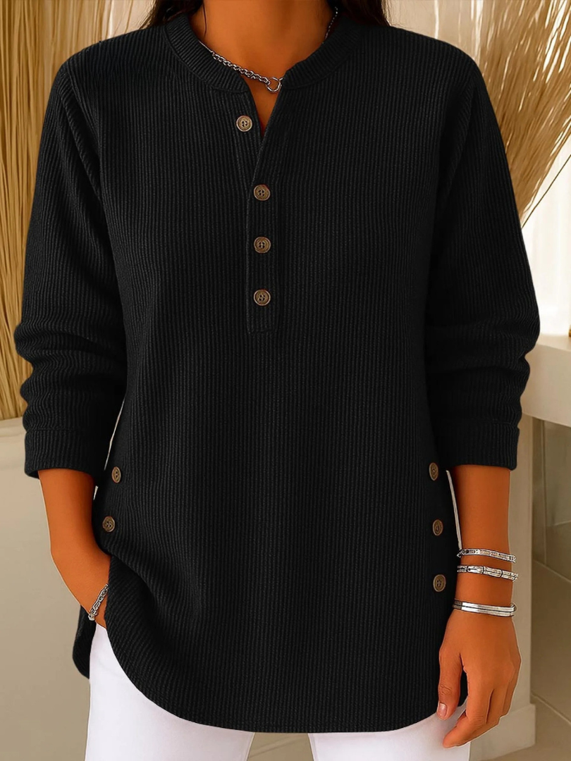 Women's Ribbed Henley Jumper with Buttoned Cuffs – Black