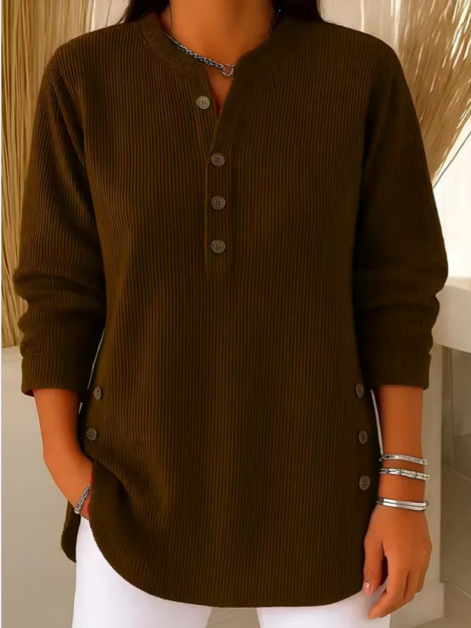 Women's Ribbed Henley Jumper with Buttoned Cuffs – Dark Brown