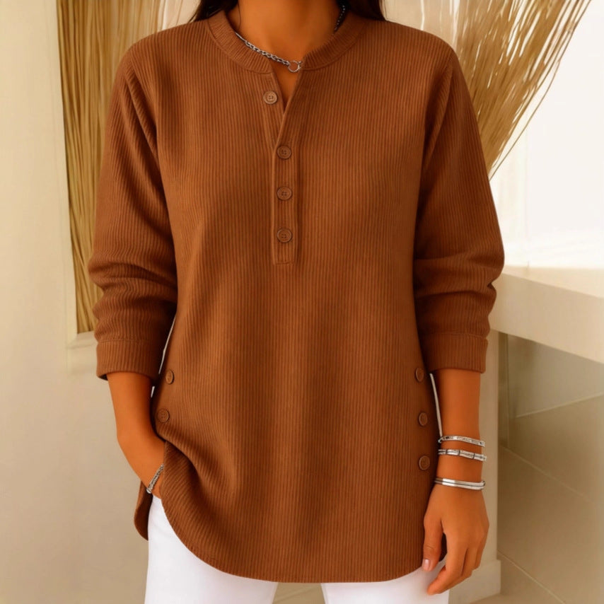 Women's Ribbed Henley Jumper with Buttoned Cuffs – Brown