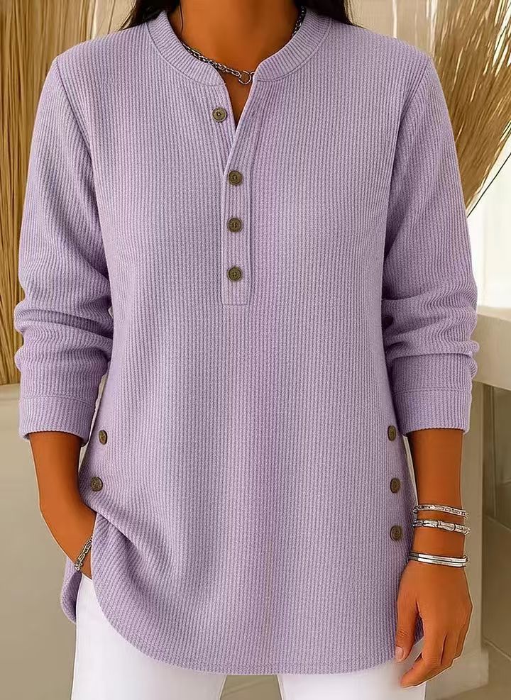 Women's Ribbed Henley Jumper with Buttoned Cuffs – Purple