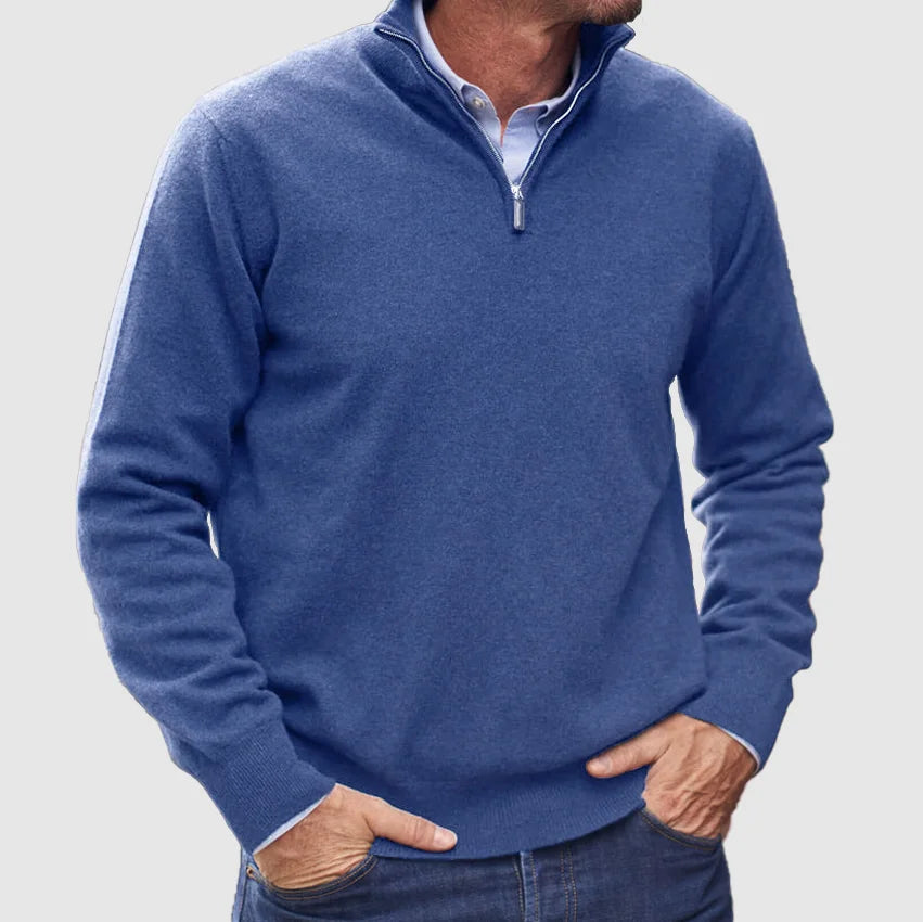 Men's High-Collar Quarter-Zip Knit Jumper for the Office – Blue