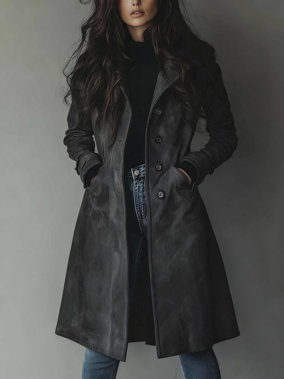 Women's Tailored Double-Breasted Longline Trench Coat – Dark Grey