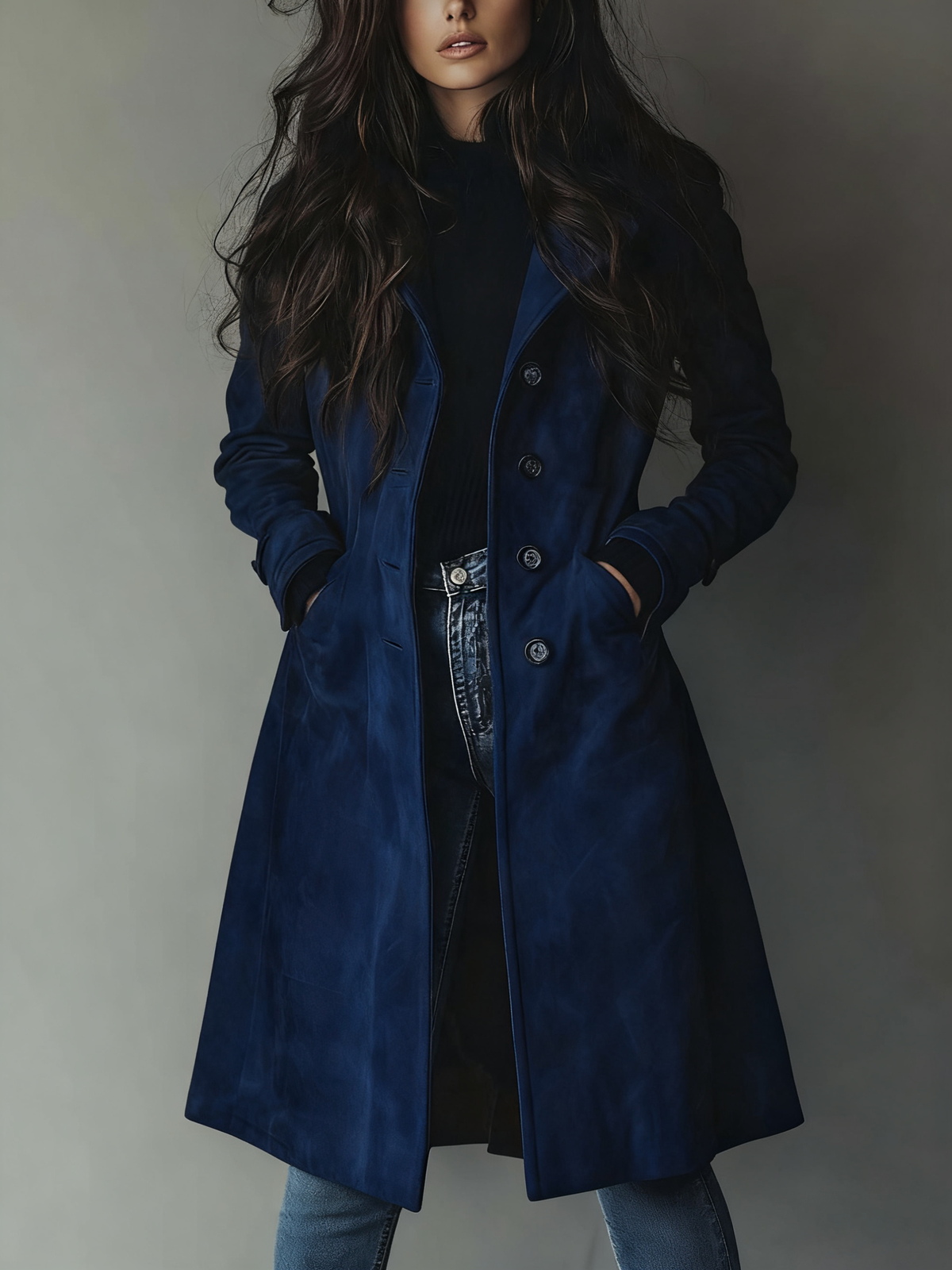 Women's Tailored Double-Breasted Longline Trench Coat – Dark Blue