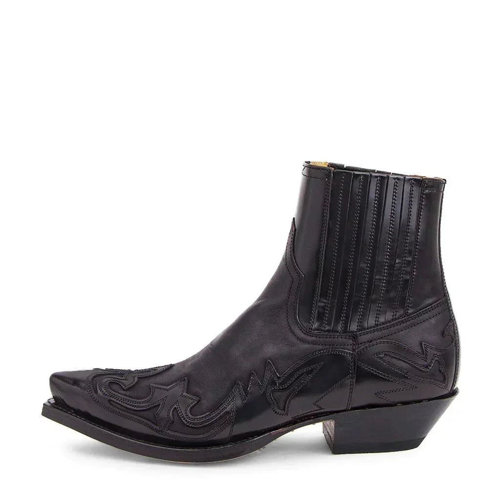 Men's Pointed Toe Western Leather Boots with Elastic Panels – Black