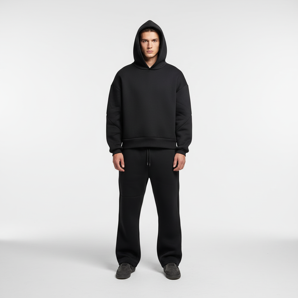 Men's Breathable Tracksuit Set with Oversized Hoodie and Joggers – Black