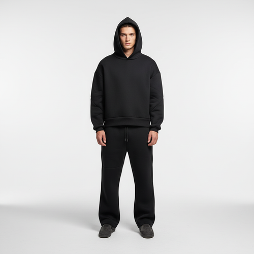 Men's Breathable Tracksuit Set with Oversized Hoodie and Joggers – Black