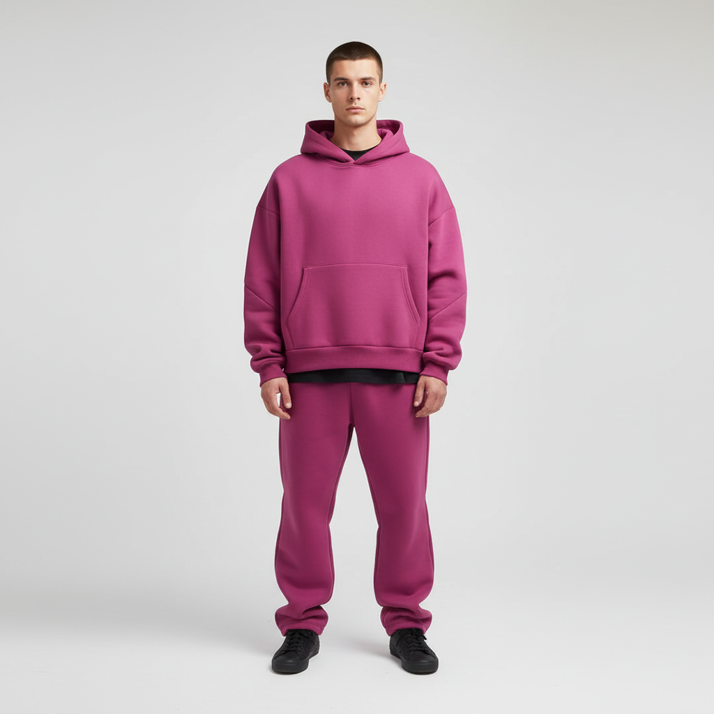 Men's Breathable Tracksuit Set with Oversized Hoodie and Joggers – Hot Pink